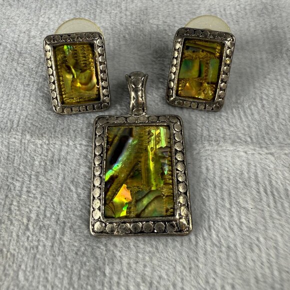Vintage Silver Tone Pendant & Earrings Set Iridescent Abalone Shell Insets - Picture 2 of 16